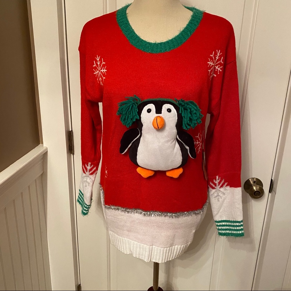 POOF NEW SWEATER CREWNECK PENGUIN HOLIDAY XMAS RED GREEN UGLY TACKY Size M